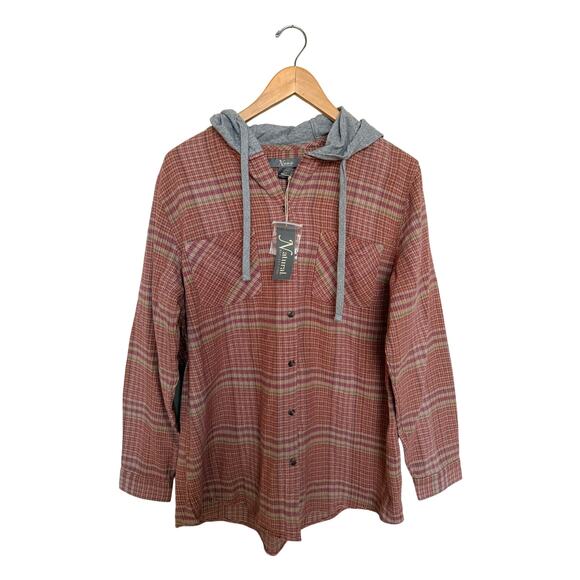 Natural Reflections Plaid Hooded Flannel Women’s Size L Tan Pink Button Up NWT - Picture 1 of 6